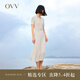 OVV2023春夏新款女裝復(fù)古優(yōu)雅翻領(lǐng)短袖休閑彈力針織連衣裙 米杏條紋14 L