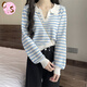 CS.LION撞色條紋毛衣女秋季2025年新款法式溫柔風(fēng)顯瘦短款針織衫套頭上衣 淺藍(lán)色 均碼  (建議70-120斤)