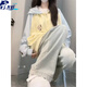 JAVC可愛(ài)甜妹撞色插肩袖連帽衛衣女春秋季小熊魔術(shù)貼oversize開(kāi)衫外套 藍黃色薄款 L 建議 105-120斤