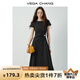 VEGA CHANG短袖連衣裙女2025新款夏一字領(lǐng)立體捏褶收腰顯瘦設(shè)計(jì)感小黑裙 顯瘦黑 L
