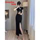 蔻伊婭（Kouyiya）品牌女裝新品旗袍連衣裙女2025新款復(fù)古長(zhǎng)裙女包臀裙開(kāi)叉黑色裙子 黑色 M