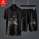 皮爾卡丹（pierre cardin）中國風麒麟暗紋提花刺繡短袖t恤男士寬松大碼衣服男裝兩件套潮流 黑色套裝 XL 130-150斤