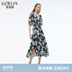 歌莉婭人絲人棉連衣裙女夏季2025新款V領(lǐng)收腰荷葉袖裙子1E6R4K880 0DD靜謐藍(lán)影橘子花印花 M