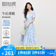 熙世界sllsky南法度假風(fēng)暈染花卉連衣裙夏季泡泡袖碎花裙子2025年新款 海灣藍(lán) L