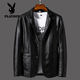 花花公子（PLAYBOY）真皮綿羊皮皮西裝男士春秋商務(wù)休閑中年皮衣男外套夾克皮西服大碼 黑色小西服皮衣 薄款 2XL 145-165斤