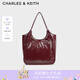 CHARLES&KEITH柔軟褶皺大容量單肩托特包包女包生日禮物七夕禮物CK2-30782457 Burgundy葡萄酒紅色 大包