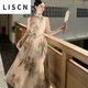 LISCN夏季顯瘦古雅椿野少女新中式天絲掛脖連衣裙夏季印花度假?lài)L(fēng)裙子 圖片色 S