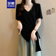 羅蒙（ROMON）時尚女裝設(shè)計感V領(lǐng)不規(guī)則打底衫女夏季胖mm顯瘦綁帶t恤正肩上衣 黑色 XL 【建議120-140斤】