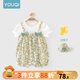 優(yōu)奇女寶寶衣服夏季短袖薄款爬服假兩件背帶小公主哈衣夏裝嬰兒連體衣 青枝綠+同款帽子 73cm