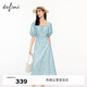 伊芙麗（eifini）伊芙麗2024夏裝新款氣質(zhì)溫柔風(fēng)方領(lǐng)泡泡袖藍紫色碎花連衣裙女夏 蘭綠 L 165/88A