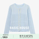 Basic House/百家好韓系鏤空針織開衫女春季寬松撞色圓領(lǐng)外搭上衣 井天藍(lán) L