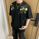 摘星少年純棉刺繡t恤男夏季潮牌男裝休閑百搭褲子男款男士短袖外套上衣潮 花卉黑 L