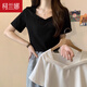柯蘭娜黑色方領(lǐng)正肩短袖t恤女夏季2025新款小個(gè)子設(shè)計(jì)感寬松修身上衣 黑色 L 建議100-115斤