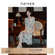納薇（naivee）【法式中國(guó)風(fēng)】印花V領(lǐng)短袖連衣裙萊賽爾收腰新款花鳥(niǎo)印花連衣裙 米色 S