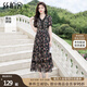 絲柏舍V領(lǐng)連衣裙2025夏裝新款女裝收腰蕾絲拼接短袖碎花裙