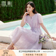 香影薰衣草紫印花連衣裙女2025夏裝新款收腰系帶溫柔風(fēng)泡泡袖裙子 淺紫 M 160/84A/95-110斤