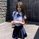 小野七天學(xué)院風(fēng)jk制服套裝女夏季新款小個子純欲藍(lán)色條紋襯衫百褶裙三件套 藍(lán)條紋+領(lǐng)繩+藏青色裙子 S 建議80-90斤