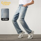 卡賓【肌理網(wǎng)紋底藍?！颗Ｗ醒澞斜泶鼒D案鐳射牛仔褲透氣性強秋季長(cháng)褲