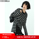 COCOBELLA立體段彩黑白色織條紋長(cháng)袖T恤女側開(kāi)叉休閑上衣TS99 黑白條 XL
