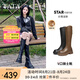 他她（TATA）周潔瓊同款厚底V口長(zhǎng)靴女靴彈力顯瘦高筒靴時(shí)裝靴冬CFK02DG4 黑色 36