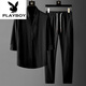 花花公子（PLAYBOY）男士唐裝男中國風漢服套裝古裝衣服香云紗新中式男裝冰絲古風夏裝 黑色 (6小時內(nèi)發(fā)貨) 4XL 適合180-200斤