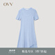 OVV2023春夏新款女裝彈力修身A型傘裝不對(duì)稱(chēng)短袖U領(lǐng)針織裙 藍(lán)灰鑲拼09 M
