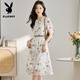 花花公子（PLAYBOY）水墨碎花雪紡連衣裙女夏季2025新款洋氣法式氣質(zhì)收腰顯瘦中長(cháng)裙子 梨花白(送腰帶) M
