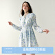 樂町蕾絲拼接長袖碎花裙度假風(fēng)V領(lǐng)藍(lán)碎花雪紡連衣裙 藍(lán)印花(現(xiàn)貨) L