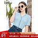 百圖betu女裝夏季新款撞色V領(lǐng)短款針織衫修身輕薄開(kāi)衫女2404T03 藍(lán)色 M