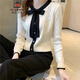 AEMAPE小香風(fēng)撞色蝴蝶結針織衫女秋裝2025年新款寬松顯瘦甜美氣質(zhì)小衫 杏色 均碼 (80-135斤拍)