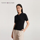 Tommy Hilfiger【絞花針織】春夏女純棉優(yōu)雅通勤撞色門(mén)襟翻領(lǐng)合身短袖開(kāi)衫 黑色BDS XS （推薦：100斤以下）