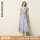顏域V領(lǐng)收腰連衣裙女2025夏季新款寬松復(fù)古輕熟風(fēng)開叉純棉長(zhǎng)裙子 灰花 XL