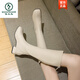 啄木鳥(niǎo)長(cháng)筒靴女2024秋冬新款彈力瘦瘦顯瘦白色粗跟騎士靴不過(guò)膝高筒長(cháng)靴 米白 薄絨 36