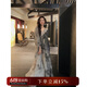 三吉黑花【一碎清歡】新中式連衣裙女裝長(zhǎng)袖V領(lǐng)氣質(zhì)小眾荷葉長(zhǎng)裙 煙雨灰 現(xiàn)貨(48小時(shí)內(nèi)發(fā)貨) S