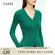 AMII2025秋新款簡潔通勤百搭V領(lǐng)扭花修身毛衣女顯瘦細(xì)坑條上衣 墨綠 160/84A/M