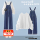 招晴瑜女童牛仔背帶褲套裝女孩穿的衣服4-16歲大童女裝秋天中學(xué)生兩件套 白色花邊上衣+深藍(lán)色背帶褲 165 160 75-90斤左右S碼
