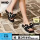MIO米奧外穿涼拖鞋女2025夏季新款法式方頭蝴蝶結(jié)波點(diǎn)平底一字拖 黑/白色 38 (240mm)