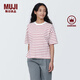 無印良品（MUJI）女式 條紋 圓領(lǐng)短袖T恤 上衣打底衫女款內(nèi)搭女裝女士 粉紅色條紋 M (160/84A)
