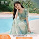 香影海邊度假暈染連衣裙女2025夏季新款民族風(fēng)波西米亞v領(lǐng)雪紡裙 綠花 連衣裙  M 160/84A/95-110斤