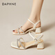 達芙妮（DAPHNE）粗跟中跟涼鞋女夏季氣質(zhì)水鉆仙女風(fēng)配裙子一字扣帶女鞋 米色 35