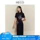 HECO【花間令】新中式國風春季新款做舊肌理亞麻中長款連衣裙女 黑色 M