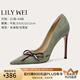 Lily Wei【淺草鈴】綠色清新時尚高跟鞋淺口蝴蝶結單鞋大碼 螢石綠【跟高10cm】 36