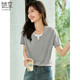 她享短袖t恤女灰色小V領(lǐng)假兩件上衣T恤夏季撞色拼接打底衫女T52T053