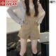 SNYDER WEAR夏季新款女套裝鏤空露肩防曬衫+可鹽可甜牛仔背帶褲休閑闊腿短褲 杏色上衣+卡其色背帶褲 S 建議80-100斤
