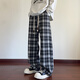 尤芮軻胖子大碼格子休閑褲男夏季日系復古寬松大碼闊腿直筒拖地長褲美式 A001-K5653黑色 4XL 180至200斤可穿