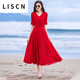 LISCN紅色裙子女2025夏小個子長款大擺雪紡連衣裙超仙氣質沙灘長裙新款 [紅色五分袖長裙] S [建議80-95斤]