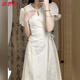 唐思薇中式白色連衣裙女2025春夏季新款學(xué)院風(fēng)泡泡袖收腰顯瘦a字長(zhǎng)裙子 杏色連衣裙 M 建議86-100斤