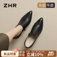 ZHR頭層牛皮女鞋輕奢粗跟深口單鞋女百搭尖頭皮鞋女 S395 黑色 38 