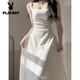花花公子（PLAYBOY）大碼胖mm純欲風(fēng)純色方領(lǐng)連衣裙子女夏氣質(zhì)小個(gè)子辣妹顯瘦A字短裙 白色【韓系歐美風(fēng)】不起球 2XL 適合136-160斤