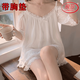 浪莎一字肩網紗睡衣女套裝帶胸墊性感家居服薄款短褲純欲公主風夏女裝 333一套 L 110-125斤